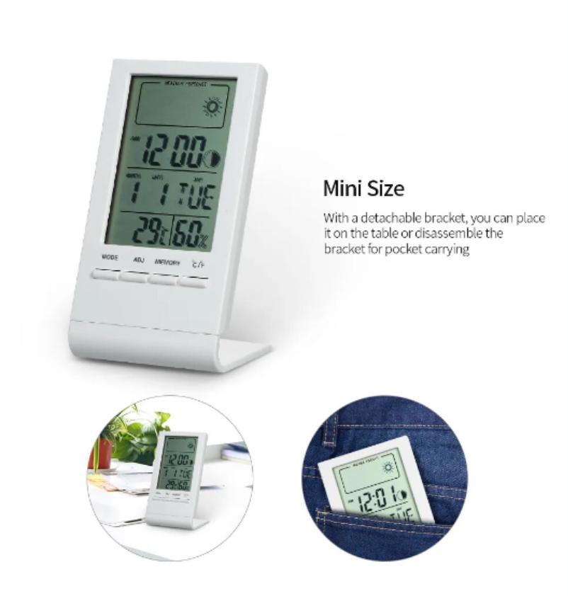 Mini Digital Thermometer Hygrometer Indoor Temperature Humidity Meter Gauge Clock Weather Station Forecast Max Min Value Display