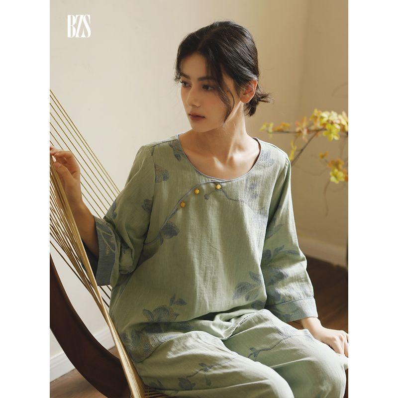 Pure Cotton Double-Layer Gauze Pajamas Women's Chinese Ancient Style Print Long Sleeves round Neck Chinese Style Plus Size Loose Homewear Suit