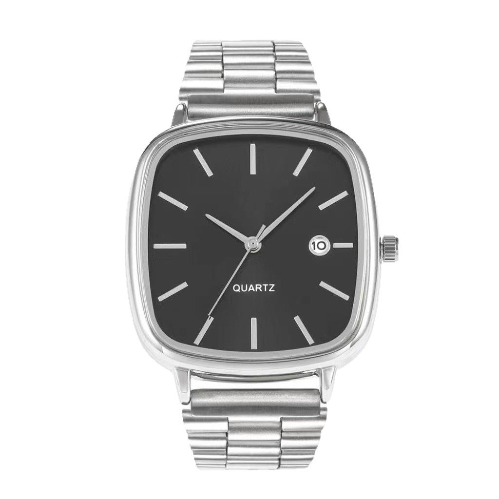 Steel Belt Watch Retro Silver Real Calendar Square Watch High-end Sense Men's and Women's Commuting Gold Brick Quartz Watch