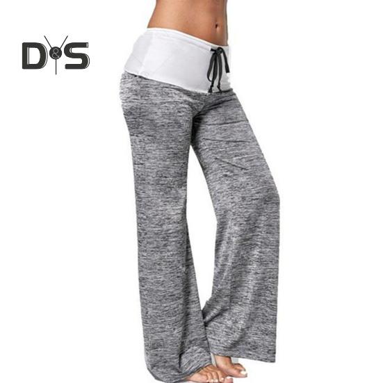 Pantaloni de yoga pentru femei, culori contrastante, cu șnur, talie elastică, picior lat, largi, moi, respirabili, pentru femei, pantaloni lungi pentru femei