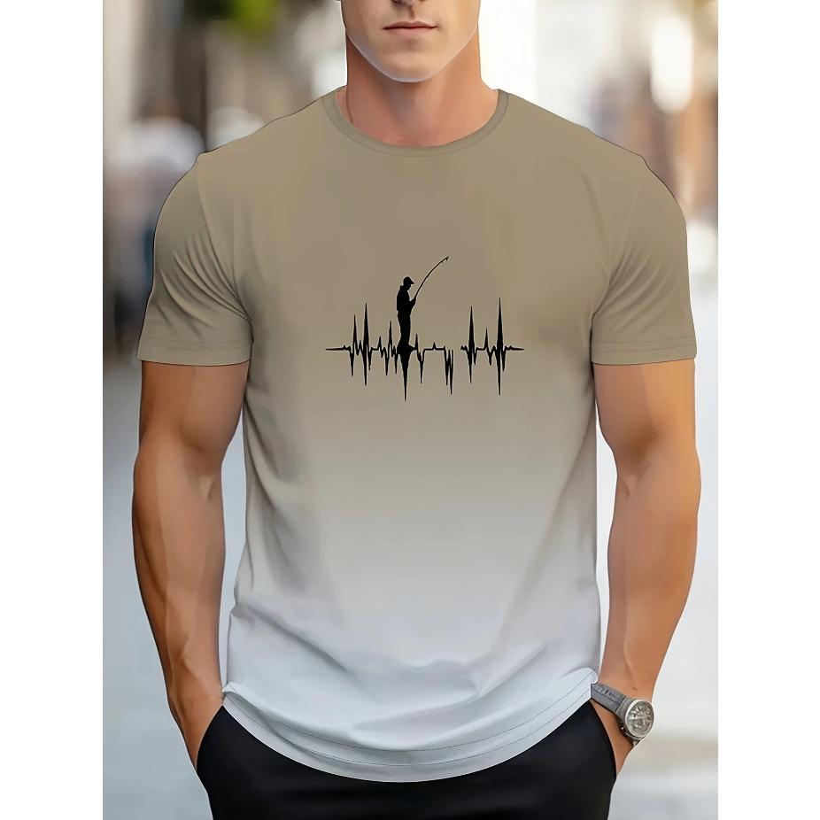 Vibrant Style| Big & Tall Men's Gradient Fishing Graphic Tee - Casual Polyester Short Sleeve, Summer Print with Heartbeat Fishing Gear, PLUS SIZE