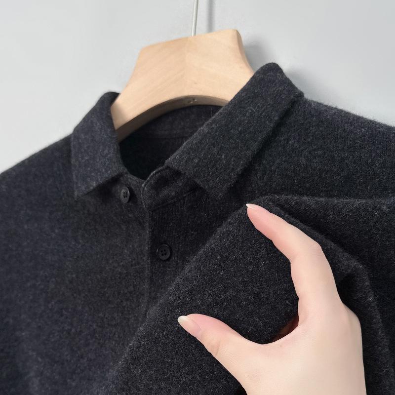 Men's 100% Pure Wool 9-Pin Lapel Sweater, 430g Thickened Base Layer for Middle-Aged Business Casual, Plain Knit.