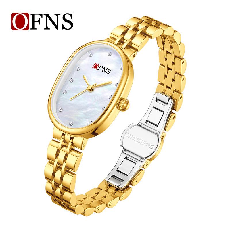 Fashion Ofns Women's Fashion Luxury Pearl Mother Of Dial Diamond Dot Oval Quartz Waterproof Light Dress Watch For Girlfriend Gif