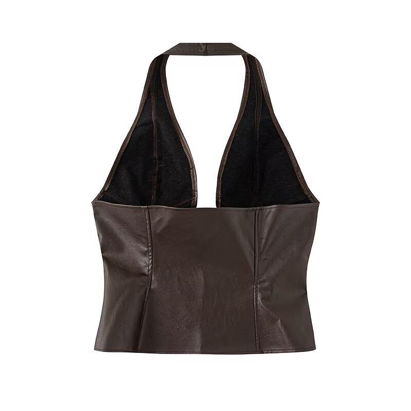2025 Spring Women's Euro-American Style Halter Tie-Up Cutout PU Crop Vest