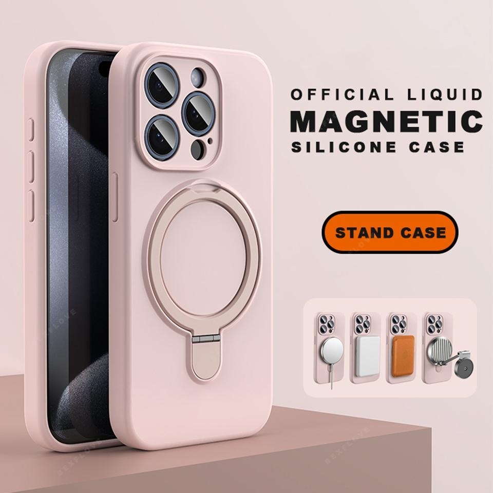Magnetic Liduid Silicone Stand Phone Case For iPhone 15 14 16 Plus 11 12 13 16 Pro Max Magsafe Ring Holder Protector Soft Cover