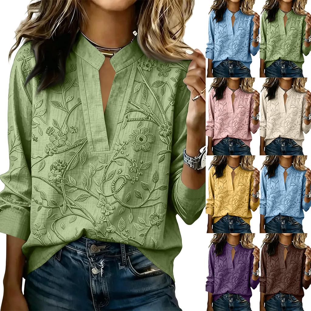 Women's V-Neck Long Sleeve Fitted Printed Blouse for Work Daily Wear