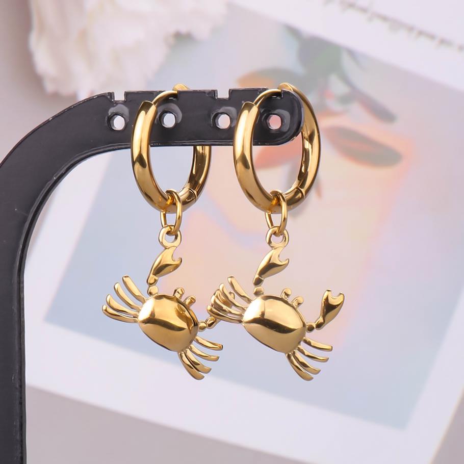 Gold Color Animal Pendant Earring Cute Sea Turtle Fish Tail Crab Stainless Steel Hoop Earrings for Women Men Accessories Jewelry