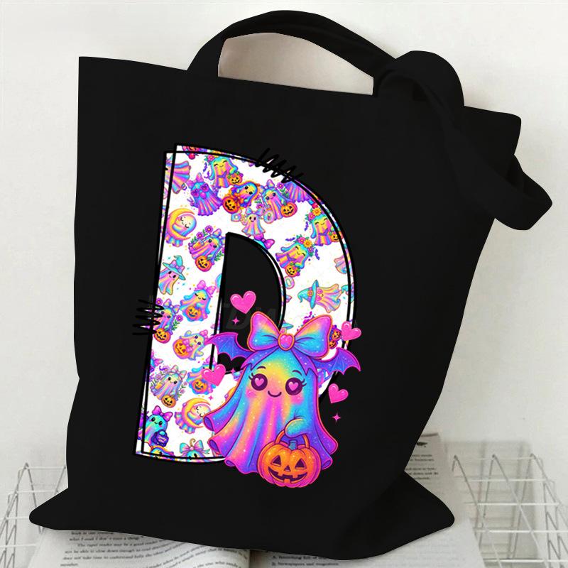 Halloween Alphabet Canvas Bag Going Out Portable Handbag Women's Large Capacity Casual Shoulder Crossbody Bag