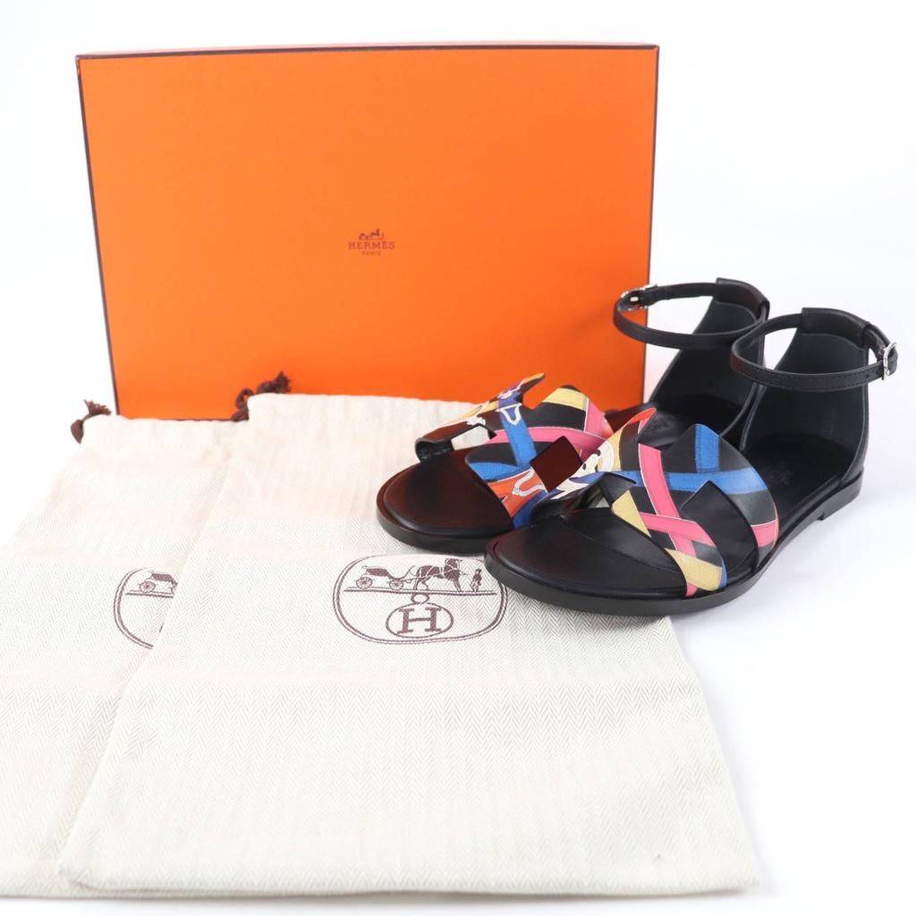 Pristine HERMES Sandals Santorini Ankle Strap Leather Black Leather Women 35 Used