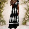 Women Plus Size V Neck Short Sleeve Black White Printed Straight Maxi Dress