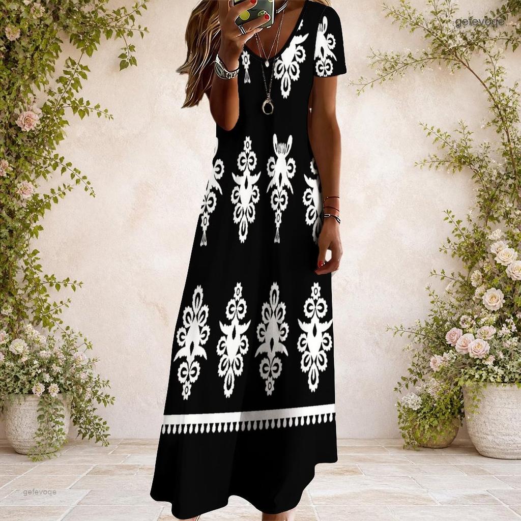 Women Plus Size V Neck Short Sleeve Black White Printed Straight Maxi Dress