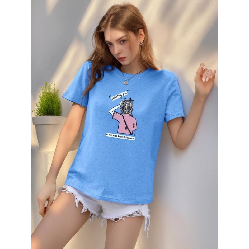 

Женские новые повседневные топы с круглым вырезом, симпатичная футболка с принтом в виде девочки L синий