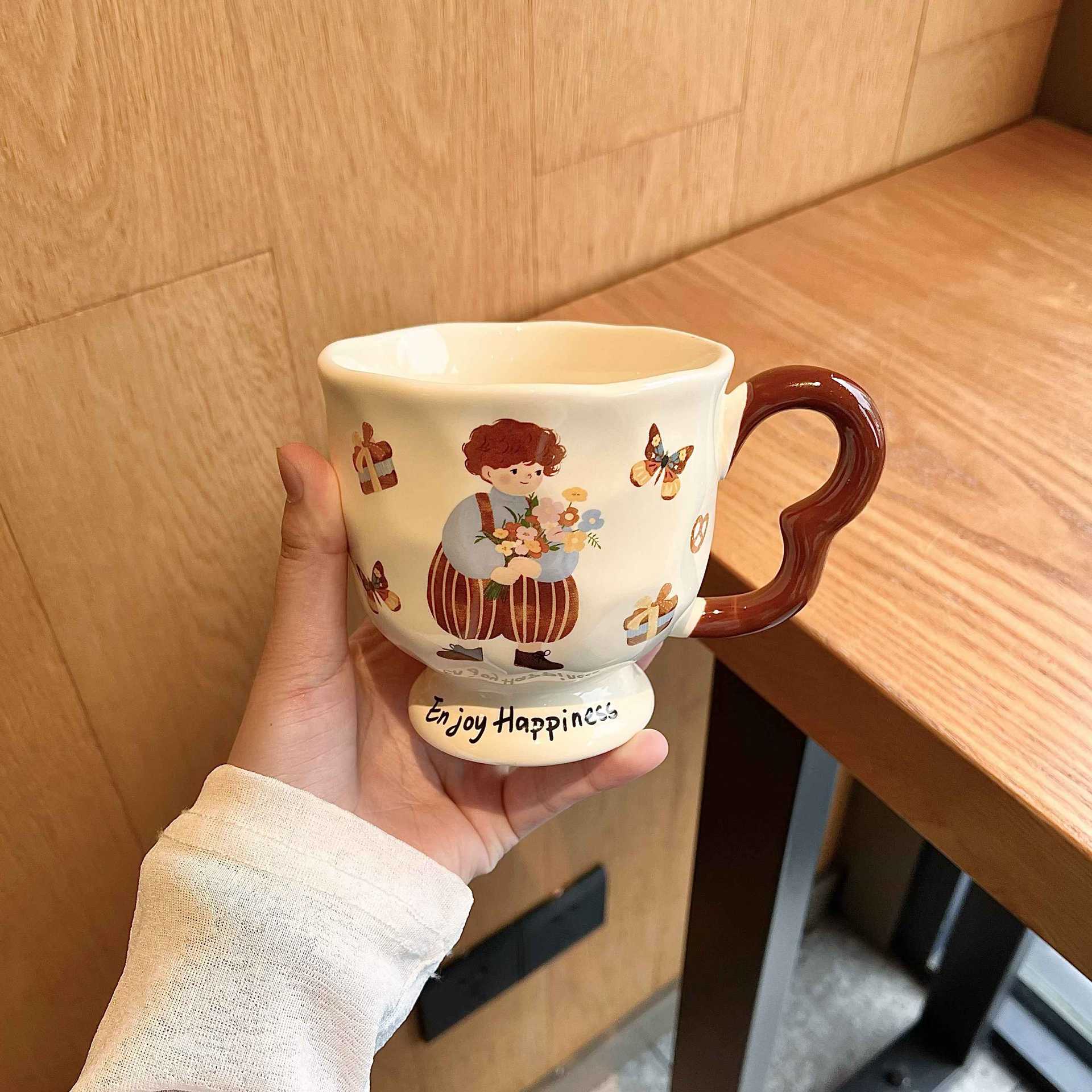 

Кружка с крышкой и ложкой, высококачественная керамическая чашка, нишевый бокал, парная чашка для воды, бытовая чашка для кофе и завтрака 400ML