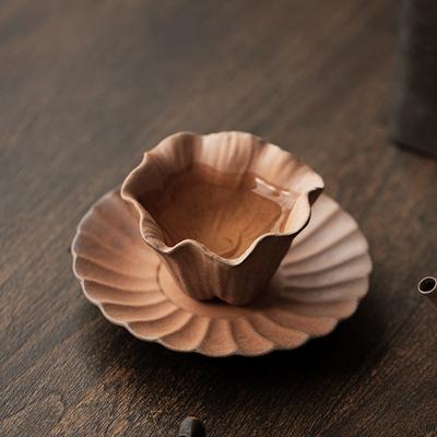 Summer New Coarse Pottery Handmade Petal Cup Set with Retro Rock Coaster Creative Lotus Leaf Tea Cup High Aesthetic Home Decor