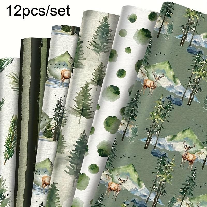 

12pcs Vintage Christmas Wrapping Paper - Elegant Green Tree Design with Pine Trees, for Holiday Gifts, Festive Gift Wrap Sheets