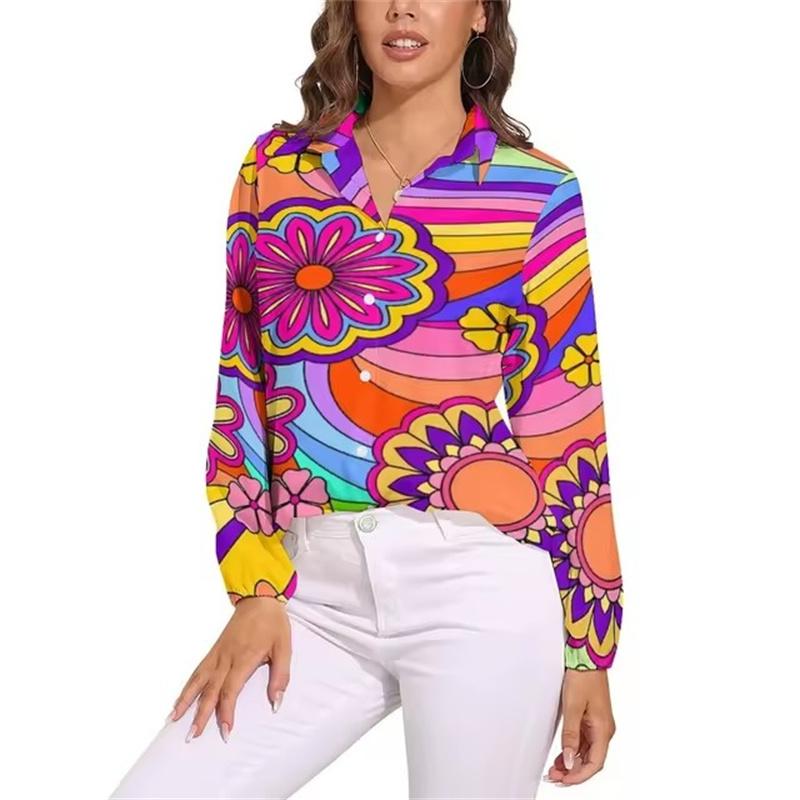 Helle Flower Power Bluse Retro Hippie Blumen Trendige Bedruckte Blusen Damen Langarm Freizeithemden Frühling Übergroße Kleidung