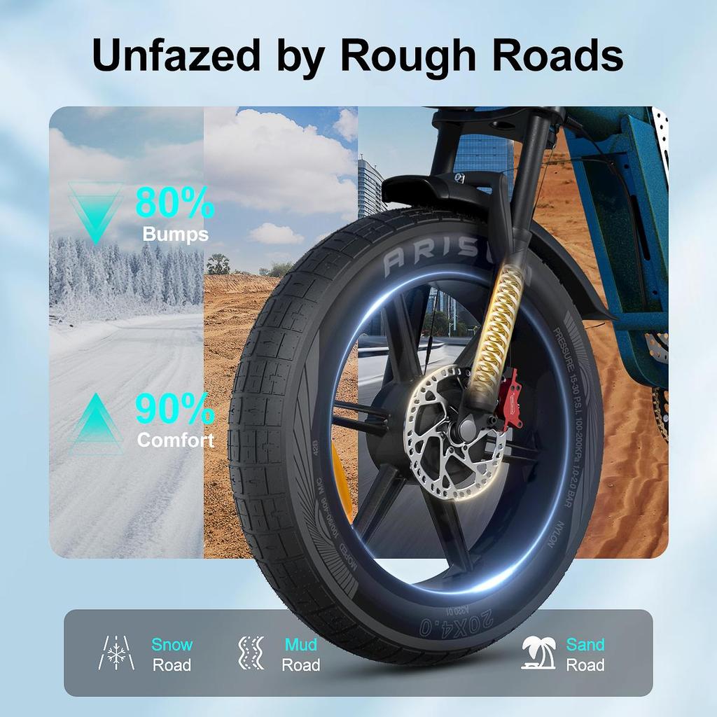 JANSNO X60 Electric Bicycle: 750W motor, 48V 23AH battery, 20-inch wide tires, full suspension, disc brakes, range 60-80 km. Gray.