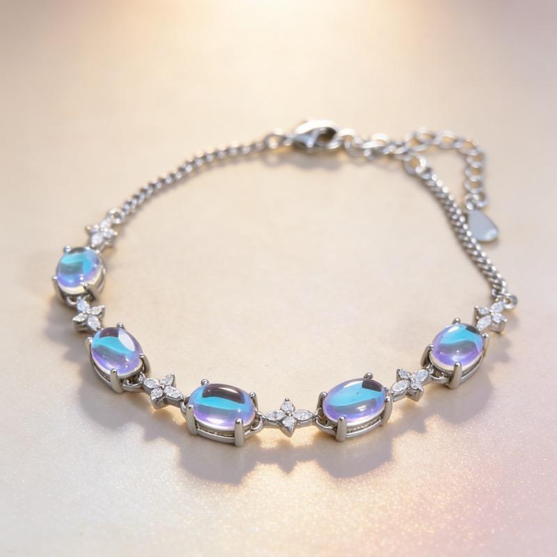 

100% Solid 925 Sterling Silver Retro Bracelet for Women Men Vintage Handmade Moon Stone Couple Simple Bracelet Birthday Gift