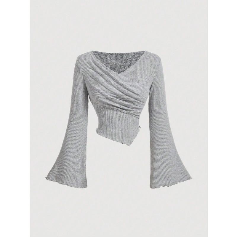 JKASHDK Women's Fashion Casual Spring Autumn Solid Color Print Long Sleeve V-Neck Blouses & Shirts