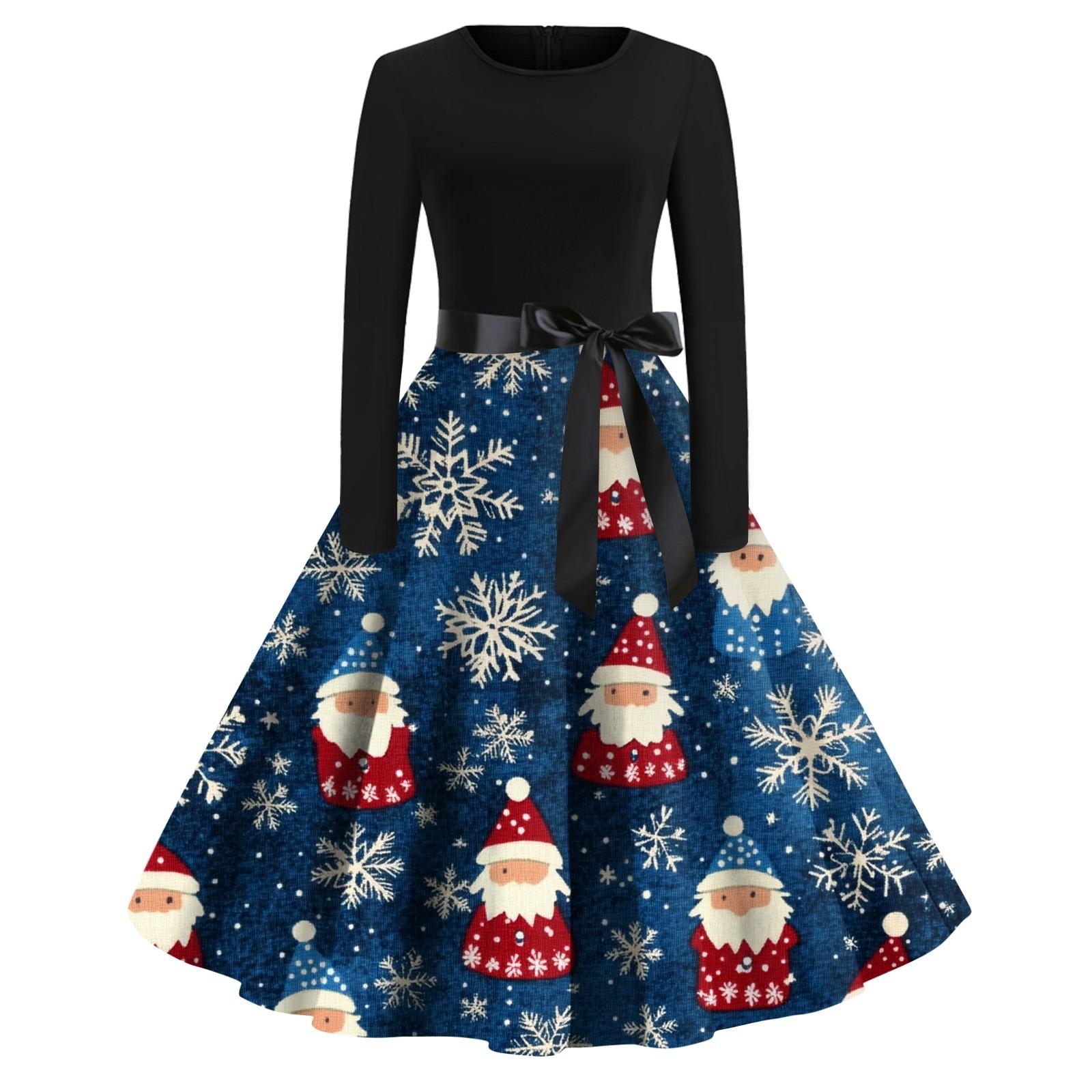 

Женская мода с круглым вырезом, повседневные тонкие рождественские платья с длинным рукавом и принтом XXXL