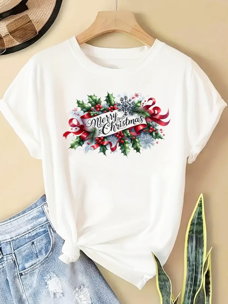 (Asian Size) New Year T Clothing Short Sleeve T-shirts  Print Merry Christmas Letter 90s Trend Cute O-neck Women's Top Fashion Holiday Graphic Tee