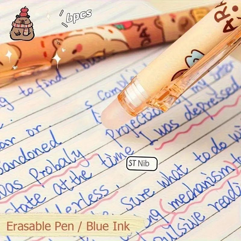 6 Cute Capybara Erasable Pens 0.5mm Fine Tip, Quick-Dry Ink, Retractable Rollerball w/ Eraser, Yellow-Brown, Office & School