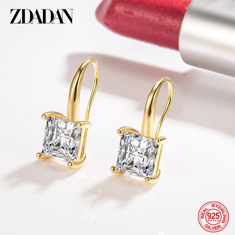 925 Silver 18K Gold 8mm Square Zircon Drop Earring for Women Wedding Jewelry