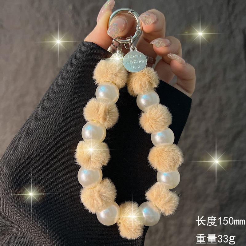 Autunno Inverno Peluche Cordoncino per Telefono Moda Perla Pompon Perline Catena Pendente per Telefono Corto da Polso Catena Portatile