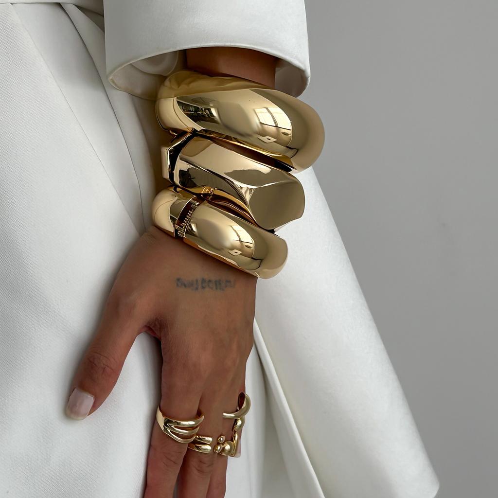 Ingemark Exaggerated Punk Heavy Metal Spring Bangles for Women Vintage Gold Color Arm Braceles Grunge Jewelry Steampunk Men New