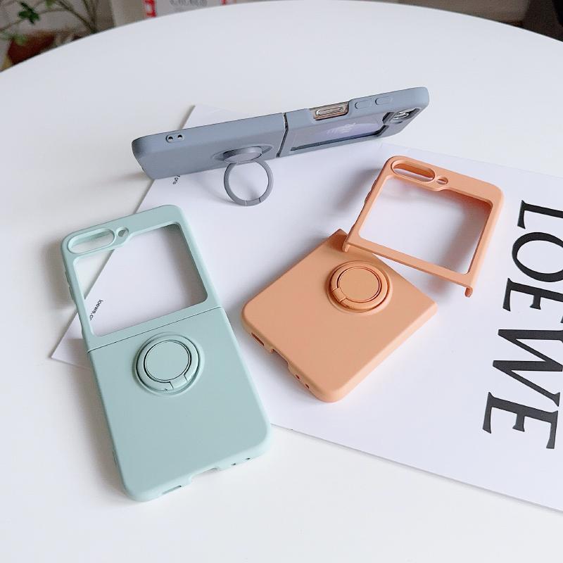 Luxury Solid Color Liquid Silicone 360°Rotating Ring Holder Folding Phone Case For Samsung Galaxy Z Flip 6 5 4 3 Soft Back Cover