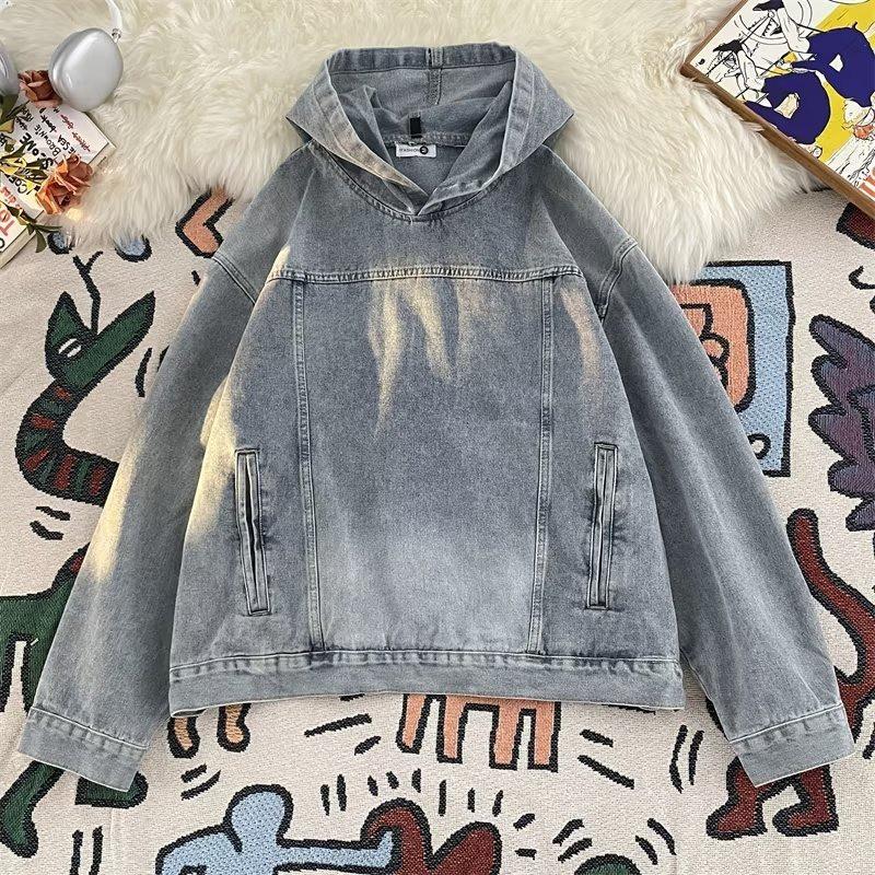 Mens Oversized Denim Hoodie Casual Streetwear Unisex Fall Long Sleeve Cotton Blend Sweatshirt