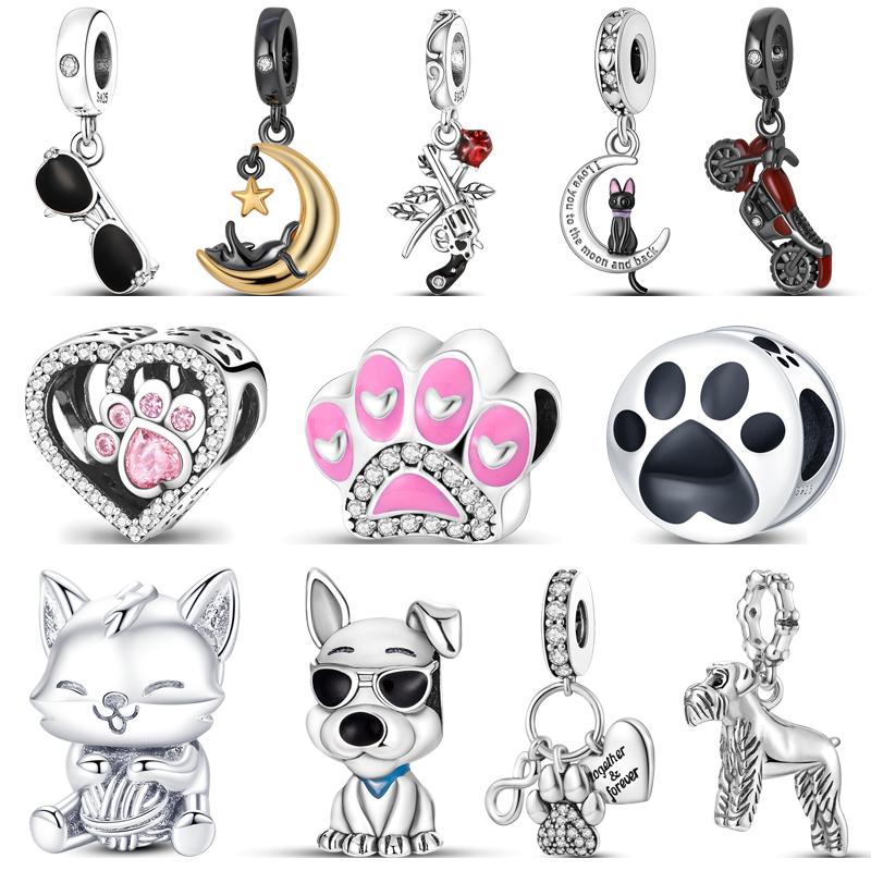 New 925 Sterling copper Cute Cat Dog Paw Prints Night Moon Sunglasses Pendant DIY Beads Fit Pantaro Charms Bracelet Fine Zircon