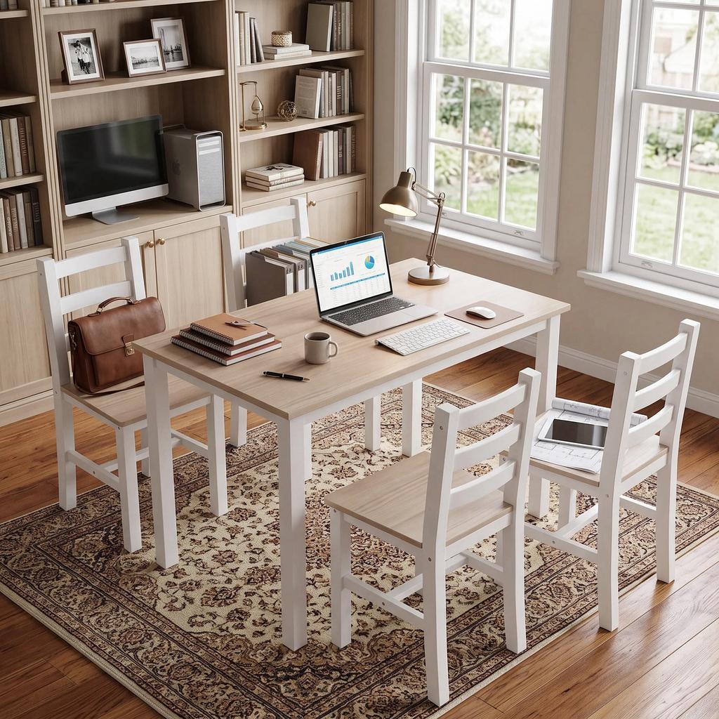 5-Piece Dining Set for 4 People, Country-Style Dining Table and Chairs made of Solid Wood, Natural/White