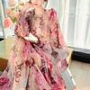 Tingfly Kobiety Moda Kwiatowy Nadruk Marszczony Elastyczny Szyfon Midi Długie Sukienki Pani Bohemska Zwiewna Codzienna Uliczna Sukienka Elbise Robes