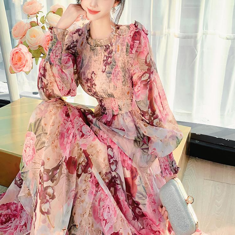 Tingfly Kobiety Moda Kwiatowy Nadruk Marszczony Elastyczny Szyfon Midi Długie Sukienki Pani Bohemska Zwiewna Codzienna Uliczna Sukienka Elbise Robes