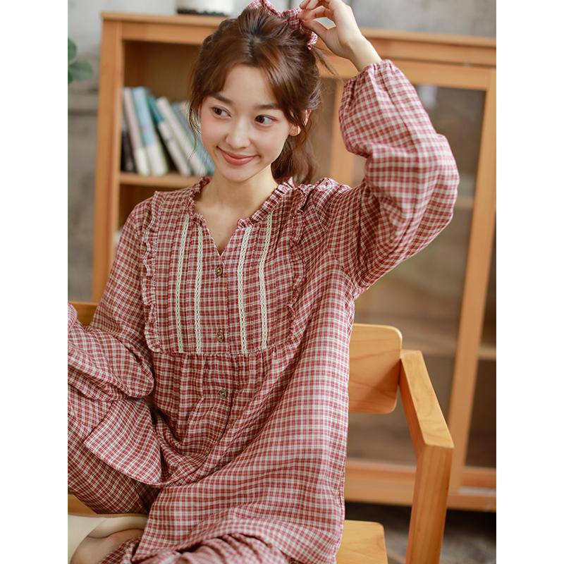 Ladies' Autumn Countryside Elegant Small V-neck Long-sleeved Pants Home Clothes Set