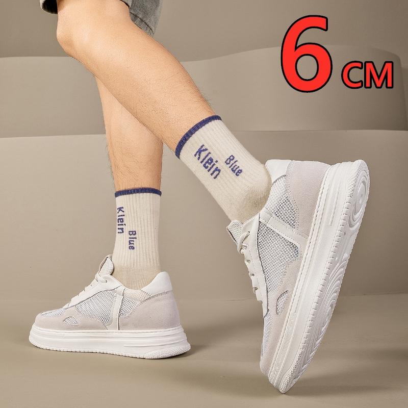 New Breathe Height Increasing Shoes for Men 6cm Invisible Elevator Sneakers White Leather/Mesh Lift Sports Zapatillas De Hombre