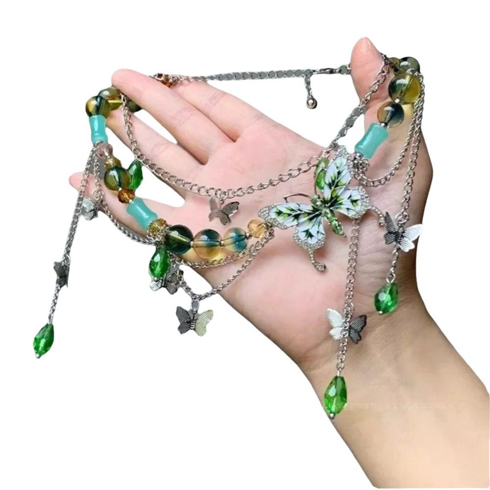 Y 2 K Choker Chain Necklace Green Crystal Rhinestone Butterfly Necklace Collarbone Chain
