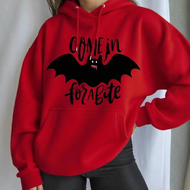 Ladies Spring Autumn Casual Hooded Drawstring Long Sleeve Big Pocket Halloween Bat Printed Pullover Hoodies Sweatshirt Top