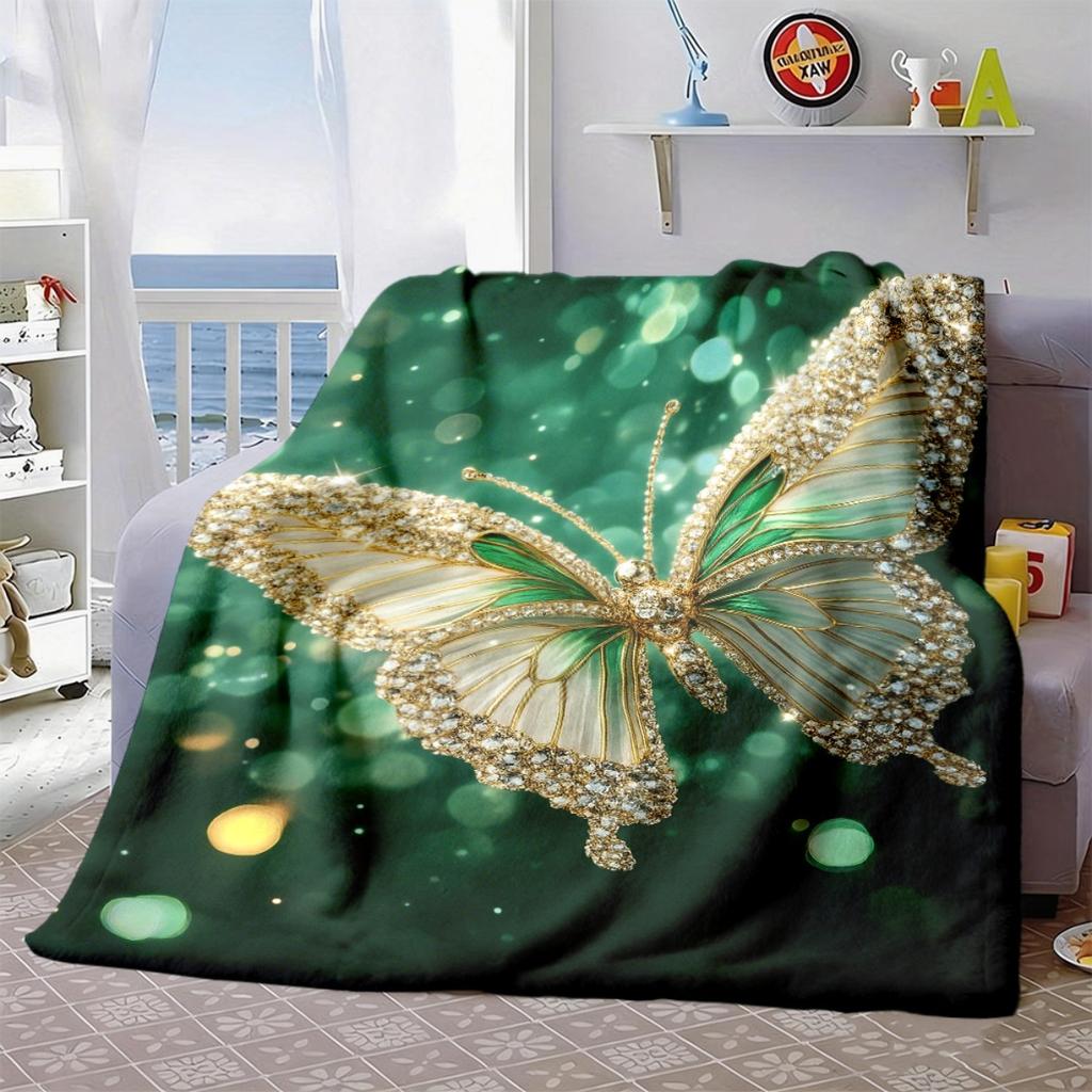2026 New Arrivals Luxury Butterfly Pattern Blanket Emerald Green & Golden Sparkling CrystalLike Design, UltraSoft Flannel AllSeason Cozy Throw for Bed