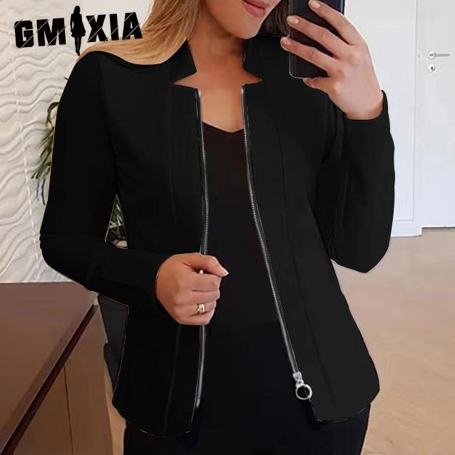 

GMXIA женские винтажные повседневные однотонные осенне-зимние однотонные куртки и пальто с воротником на молнии с длинными рукавами