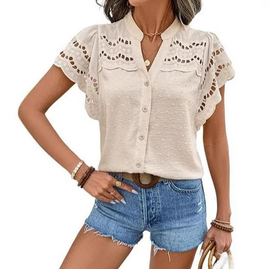 2026 Spring/Summer Retro Slim Fit Solid Color Hollow Out Lapel Short Sleeve Women s Shirt XL абрикосовый
