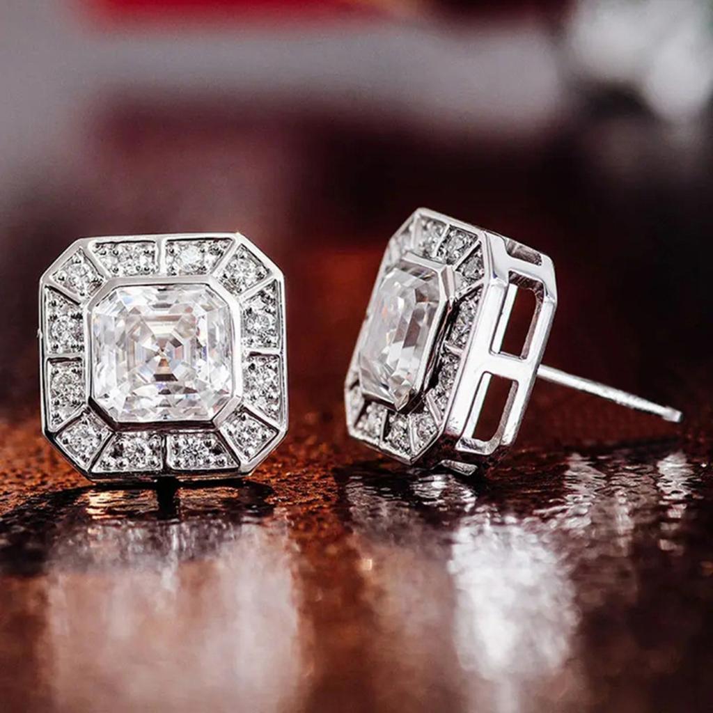 Square Cut Halo Stud Earrings for Women Sparkly Geometric Earrings Elegant Classic Daily and Party Jewelry