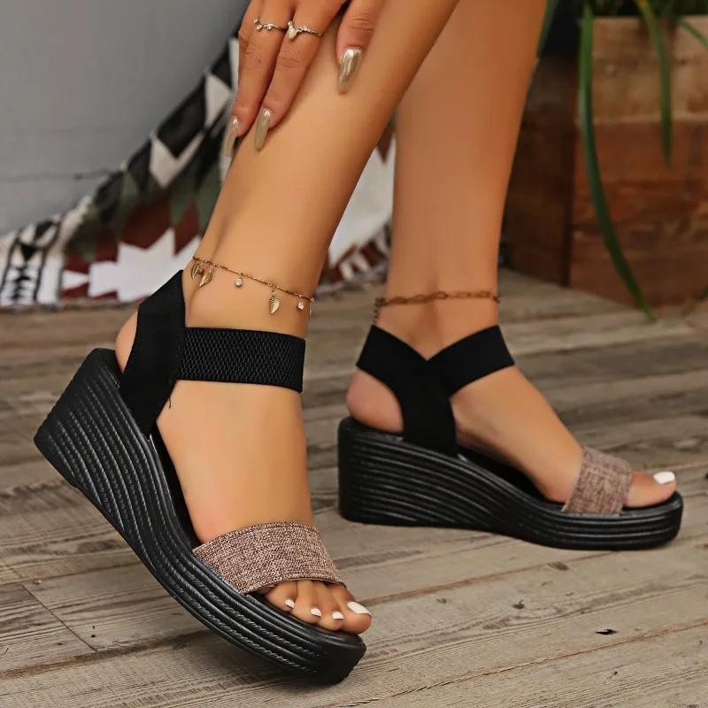 Colors Casual Sandals Women 2024 Plus Size Female Shoes Rome Women's Sandals Mixed Elastic Band High Wedges Platform Shoes Women