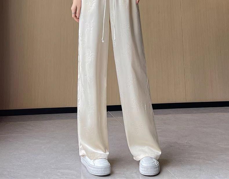 Plus Size Chinese Style Jacquard Wide-Leg Pants for Women, Spring/Summer Ice Silk Loose Fit