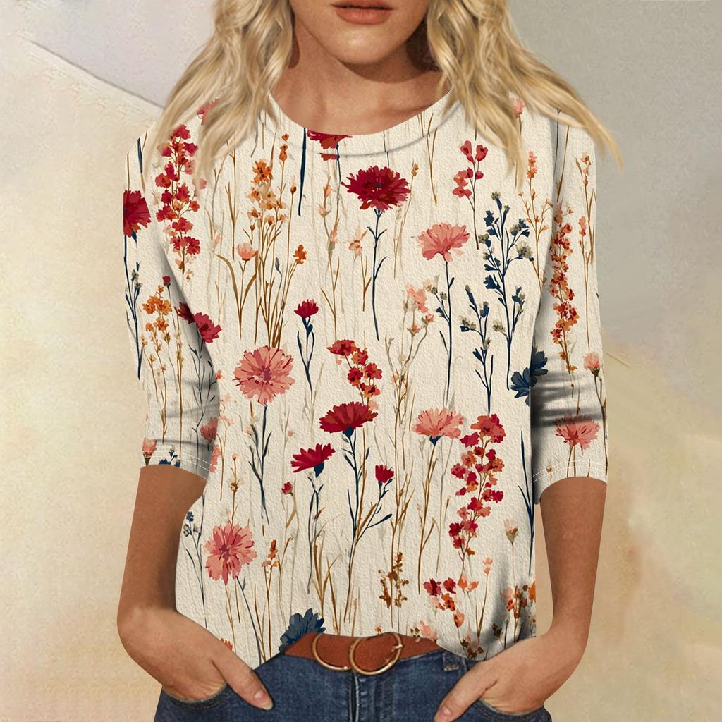 Women's Casual Round Neck Three Quarter Sleeve T Shirt Autumn Print Lightweight Soft Fabric Comfortable Fit Relaxed Style