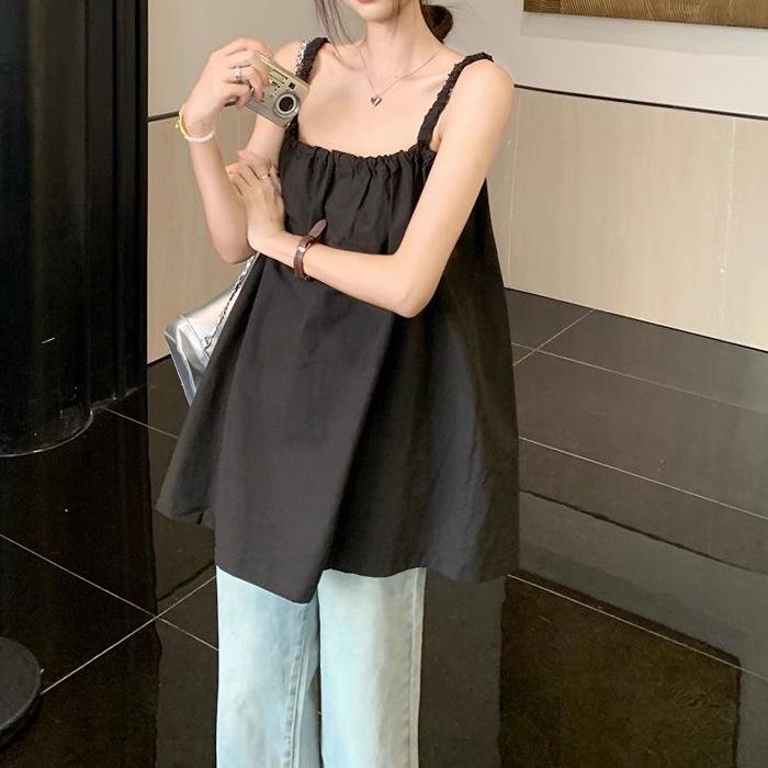 Summer Women's Black Sleeveless Backless Lace-Up Top, Loose Fit, Versatile Holiday Style