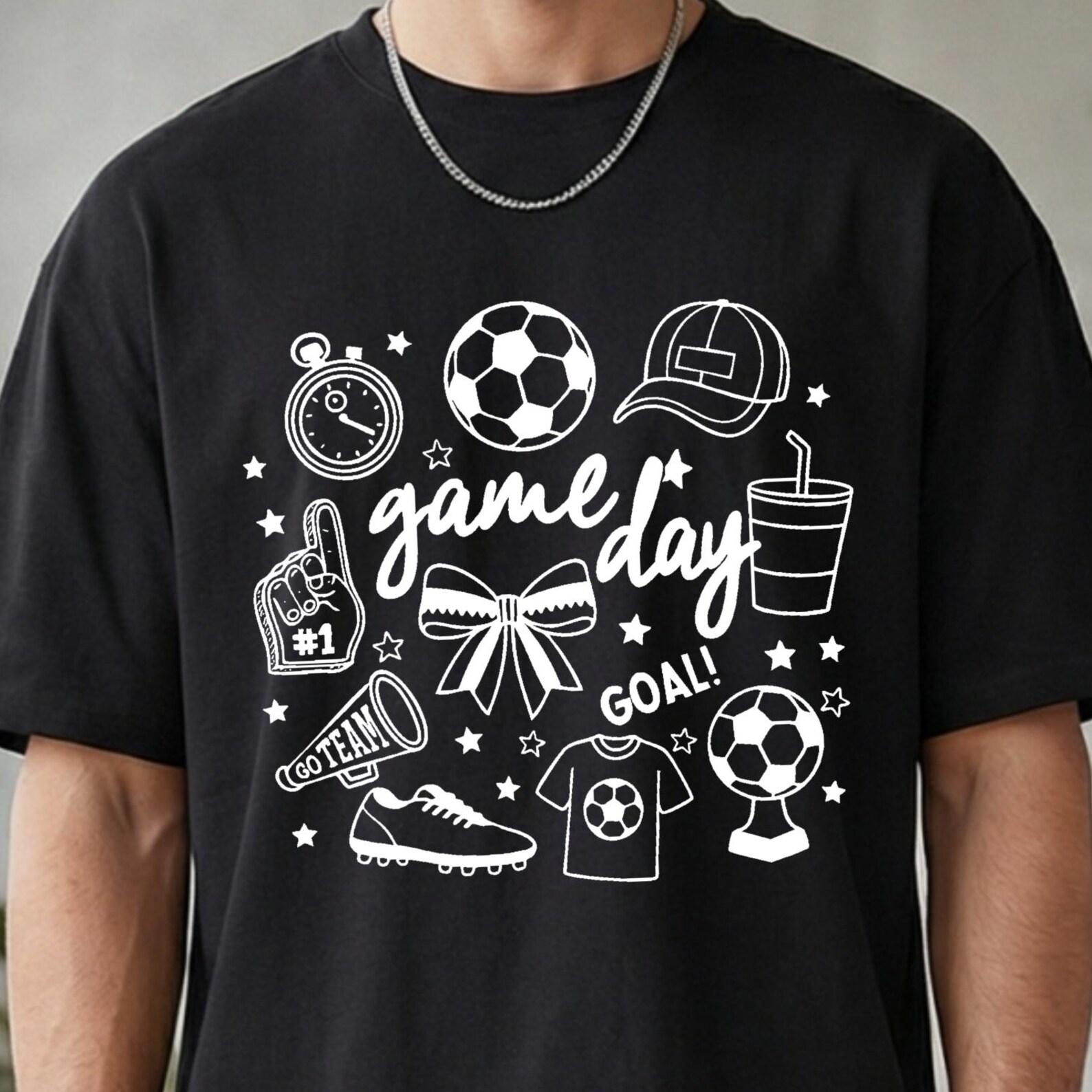 Soccer Game Day Doodle Graphic T-Shirt, Coquette Bow Cute Soccer Mom Tee, Light Blue Casual Soccer Fan Team Spirit Shirt, Gift For Dad S