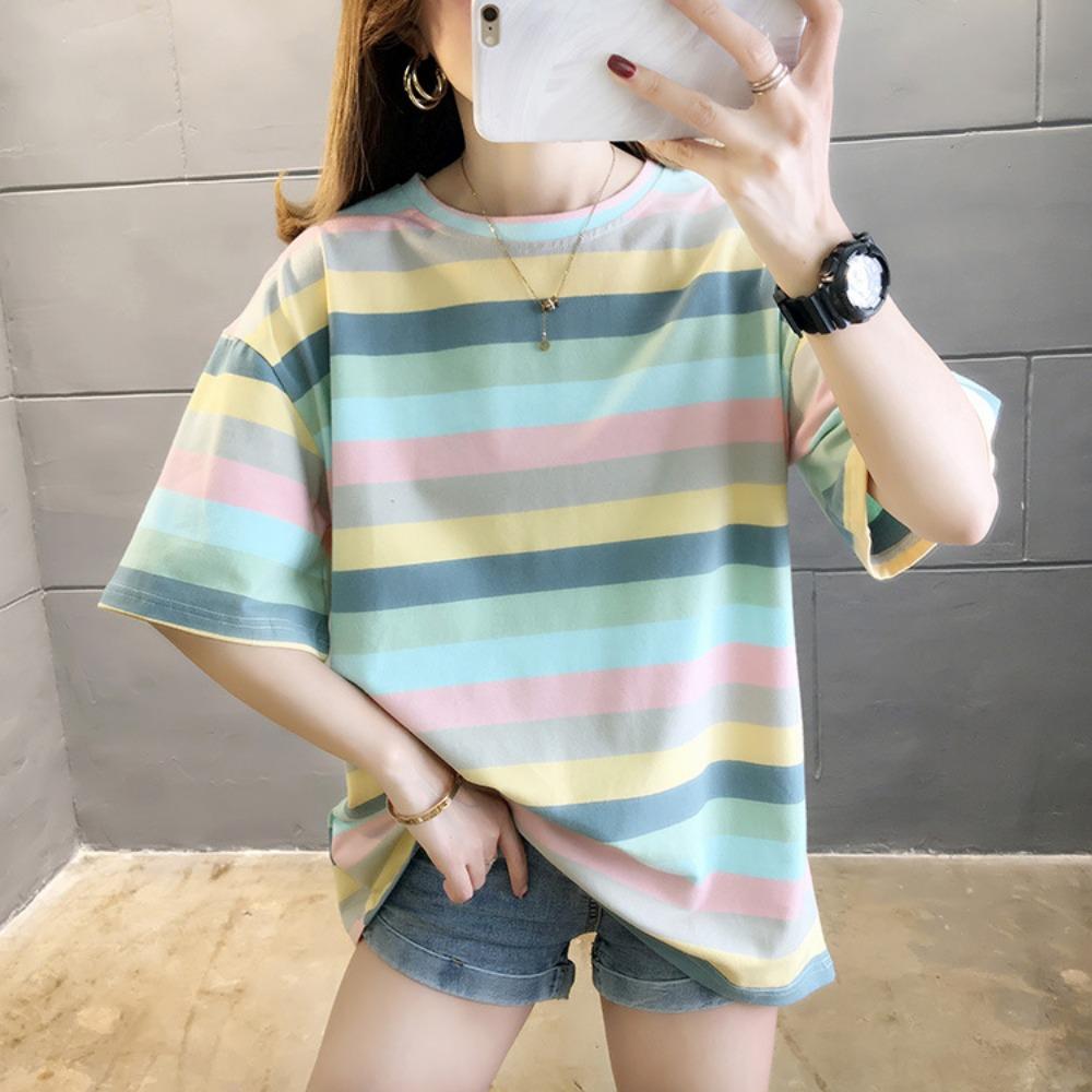 Casual striped short-sleeved T-shirt for women, loose fit, niche style, outerwear