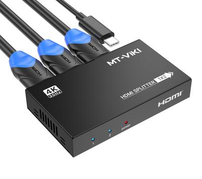 MT-VIKI Latest 4K HDMI Splitter, 1 Input 2 Output, 1x2 Slim Powered HDMI Splitter for Dual Monitors, 4K@30Hz, Duplicate/Mirror for PS4 Fire Stick HDTV